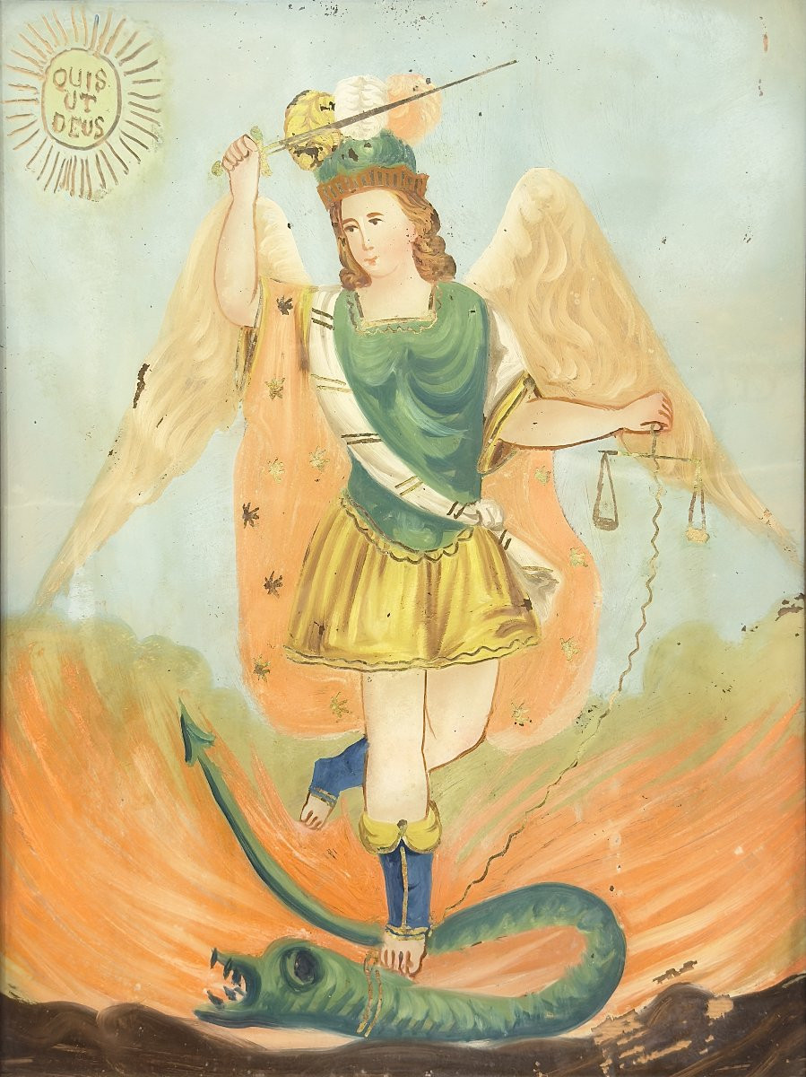 San Michele Arcangelo che sconfigge il Drago -Pittura su vetro- Romania Seconda Metà XIX Secolo-photo-2